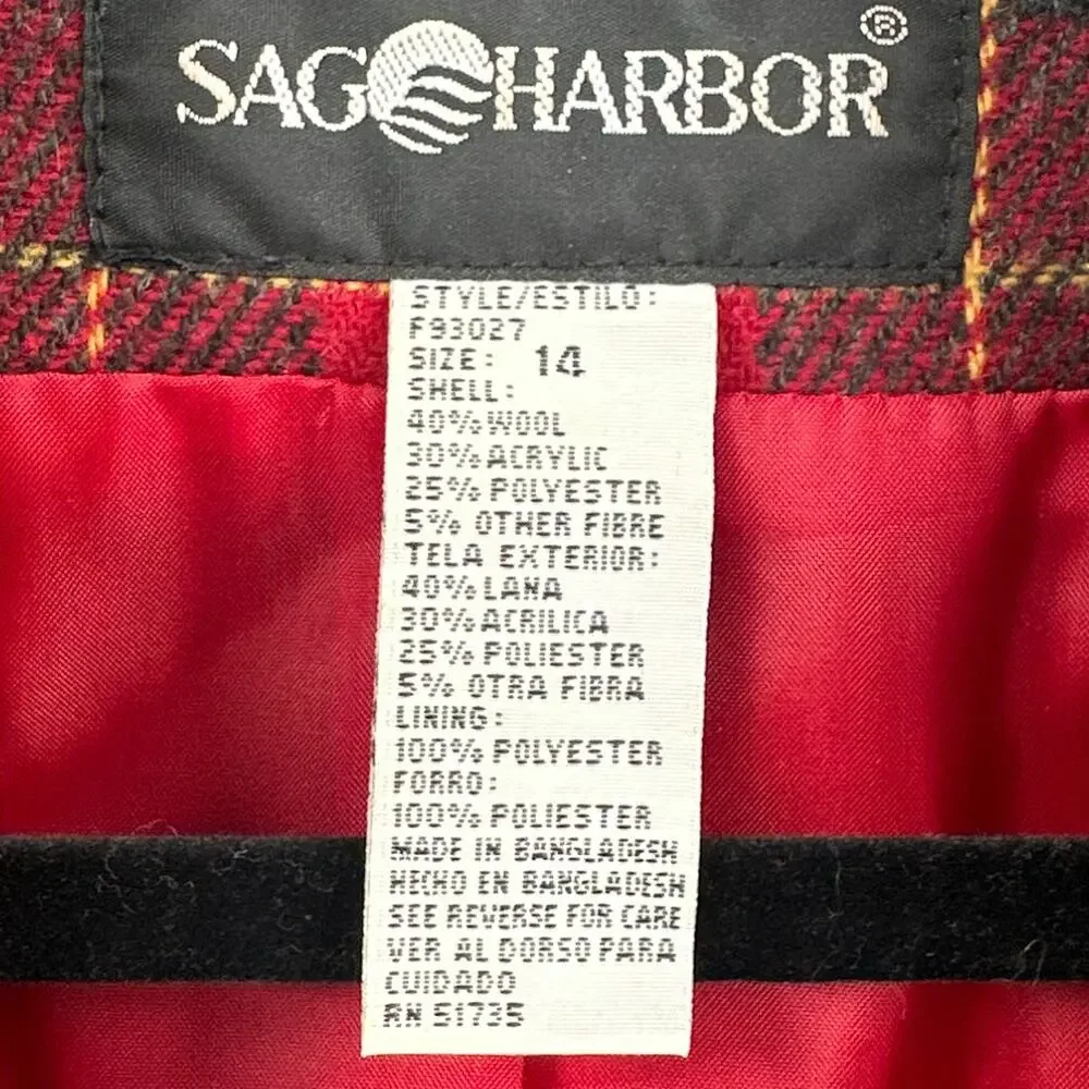 VTG Sag Harbor Blazer 14 Red Plaid Academia Christmas Career Old Money Wool 90s